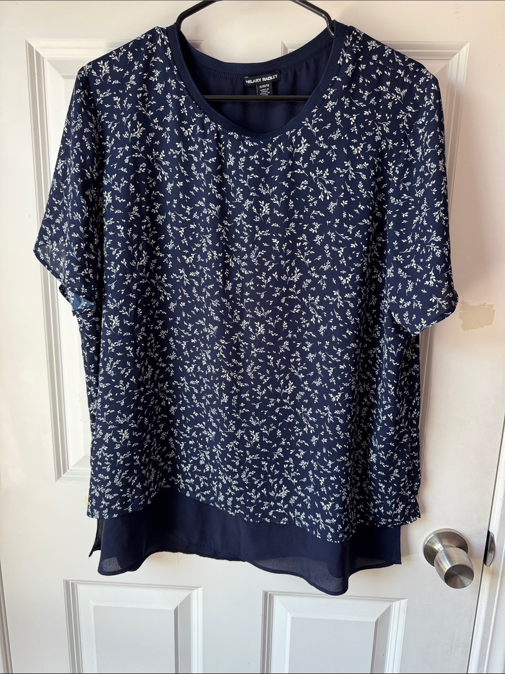 Hilary Radley Navy Blue Floral Short Sleeve Layered Blouse